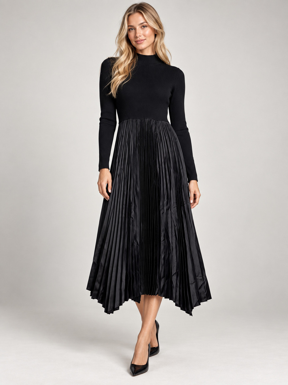 NWT Elie Tahari Pleated Midi Dress Black Rib Knit Long Sleeve L #A4855